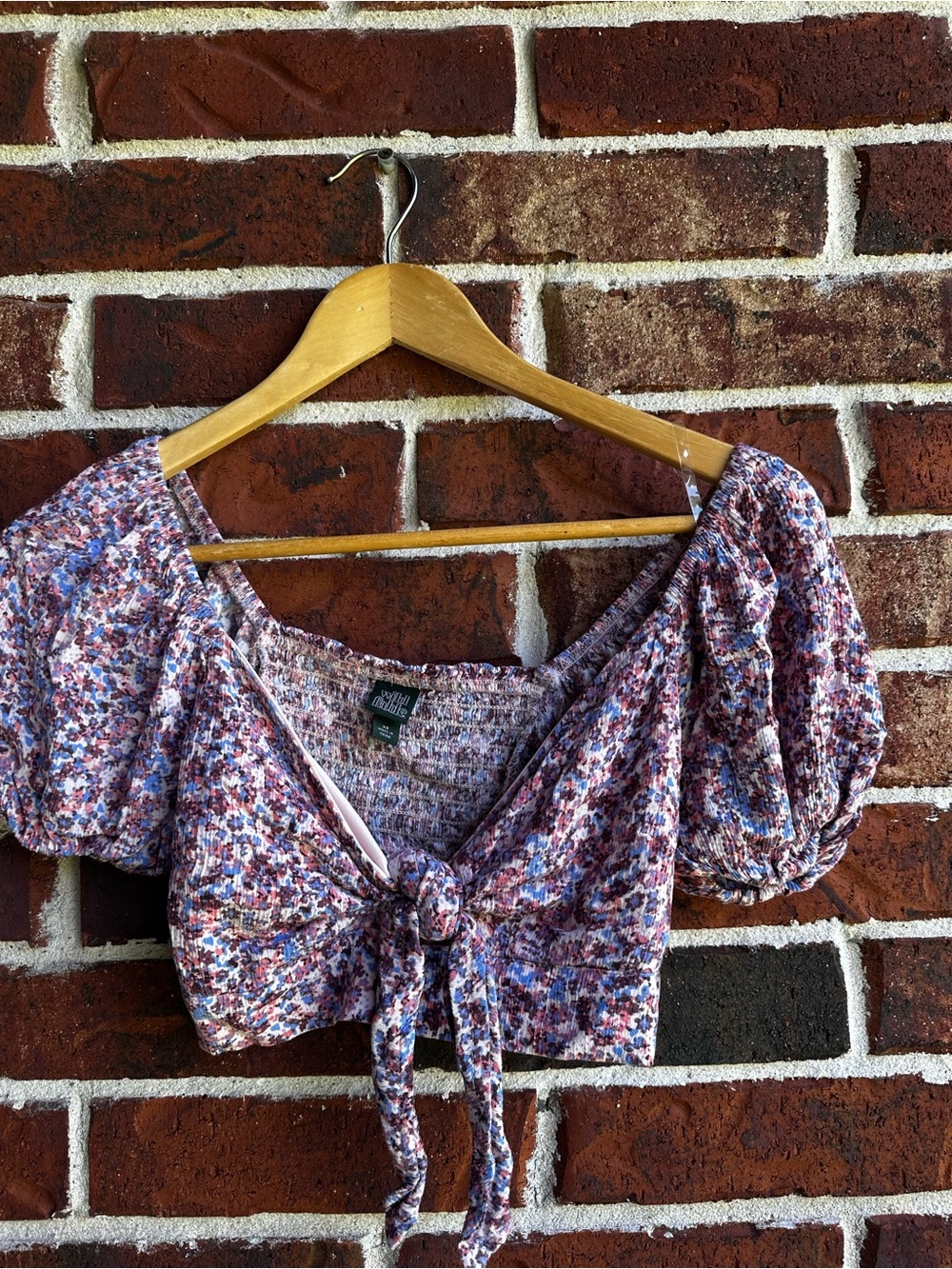 wild fable Multicolor Floral Tie-Front Puff Sleeve Crop Top